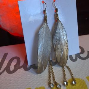 Silver Feather Earrings w/ gold chain accents